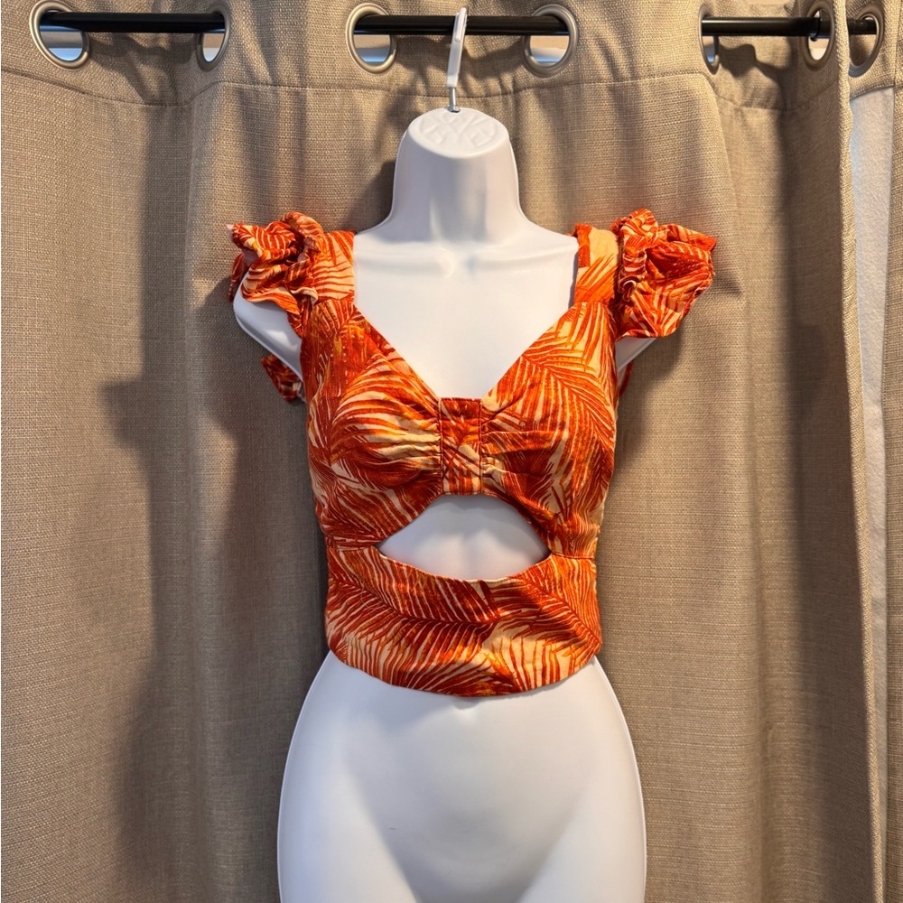 Orange Ruffle Sleeve Cutout Top